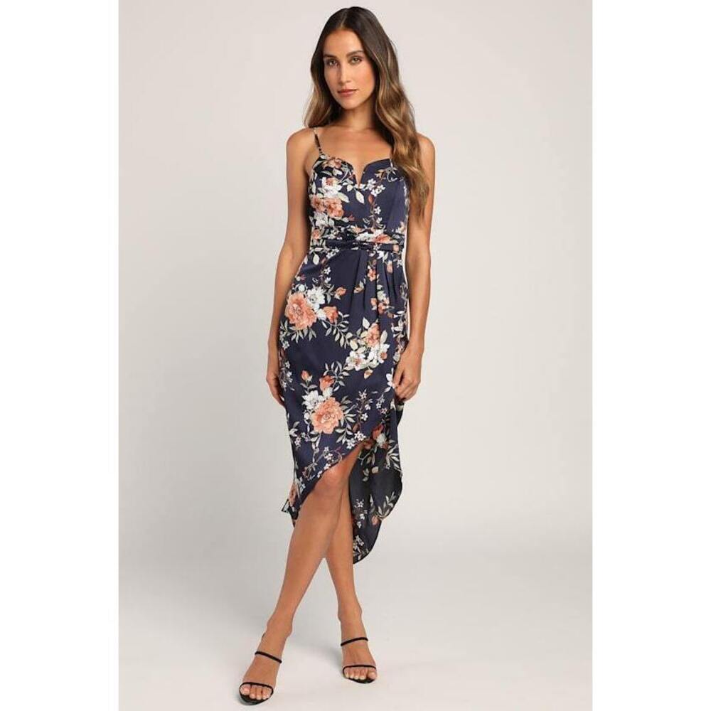 Lulus My Favorite Day Navy Blue Floral Print Tulip Skirt Midi Dress - Size M